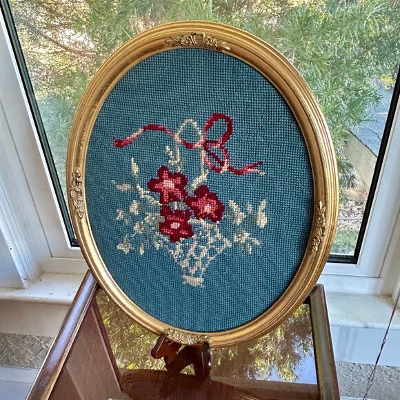 Vintage Floral Basket Needlepoint in Oval Ornate Gold Gilted Frame - Picture 1 of 14